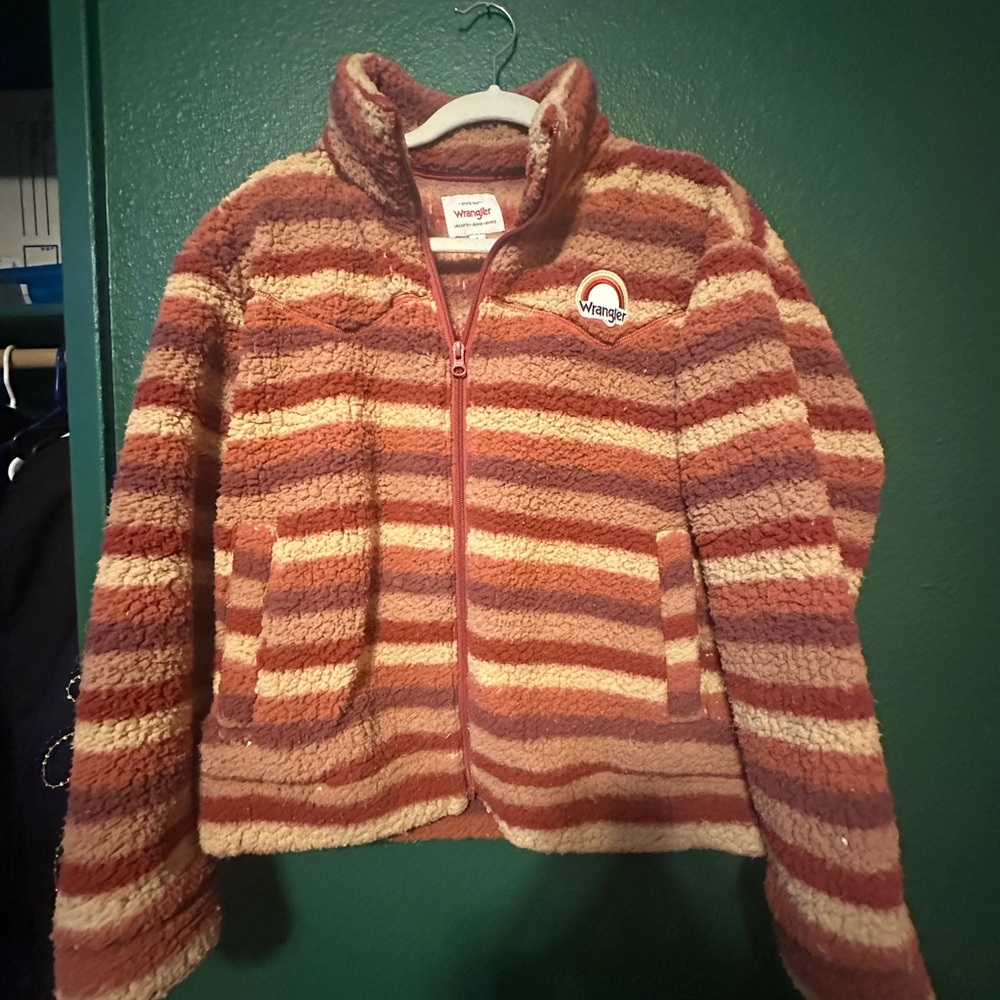 Wrangler Striped Sherpa Teddy Jacket in Rust, Cream & Brown